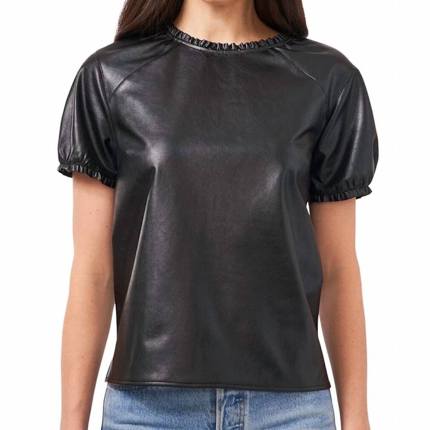 1.State - Ruffle Trim Faux Leather Shirt
