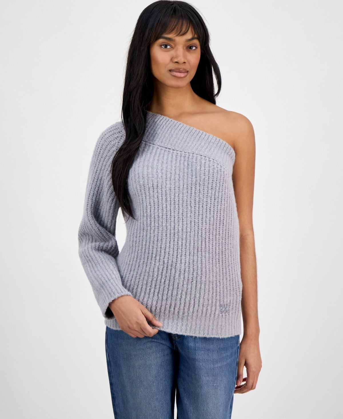 Hugo Womens Ribbed One Shoulder Long Sleeve Sweater Medium Gray