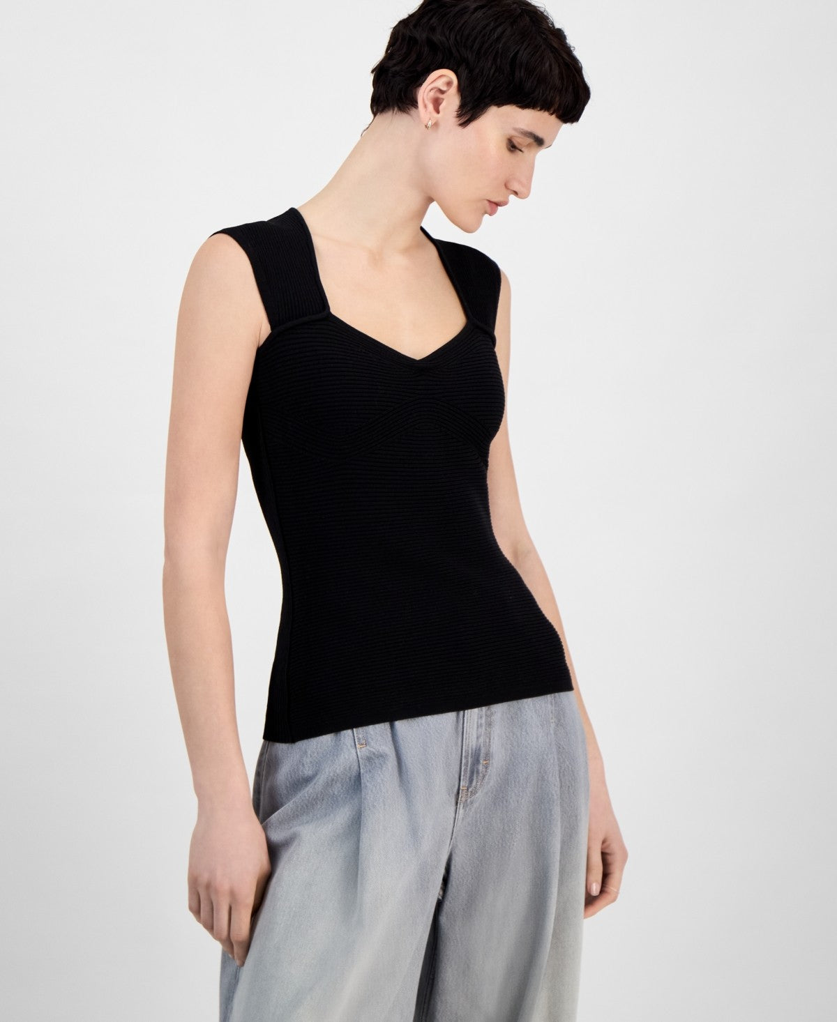 Boss Orange Womens Sweetheart Neck Ribbed Knit Top Black