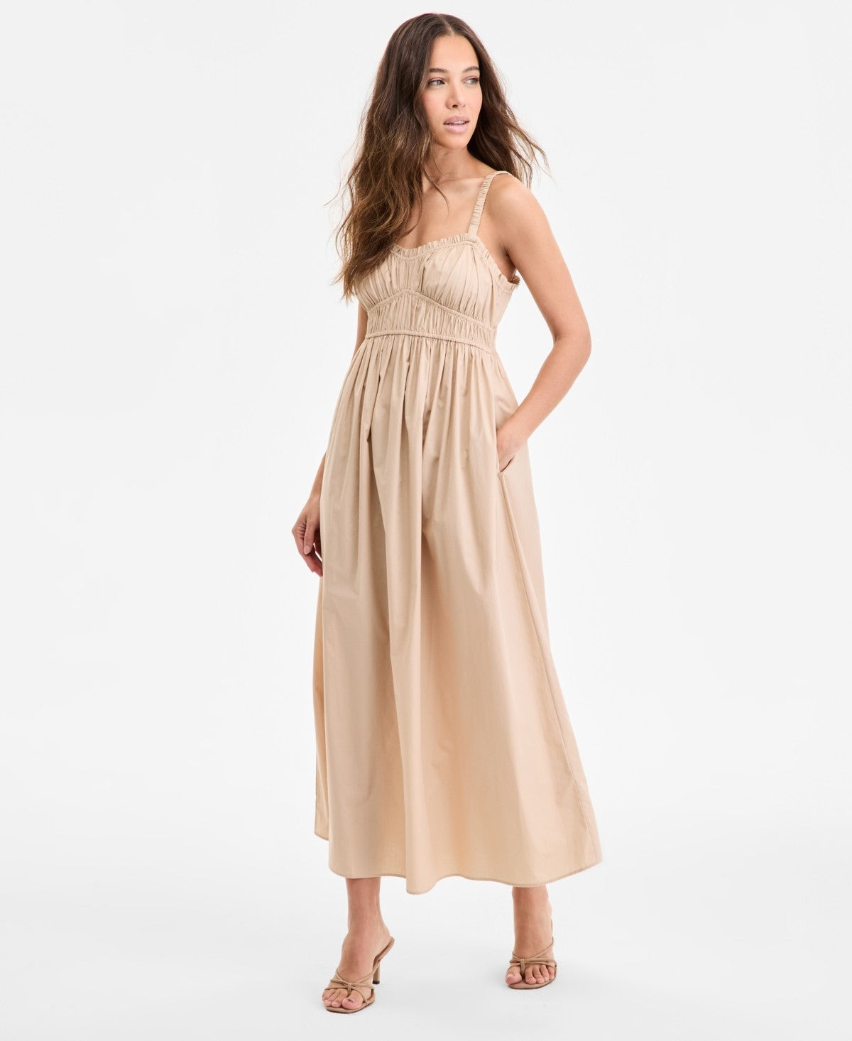 Boss Orange Womens Cotton Sweetheart Neck Maxi Dress Stone
