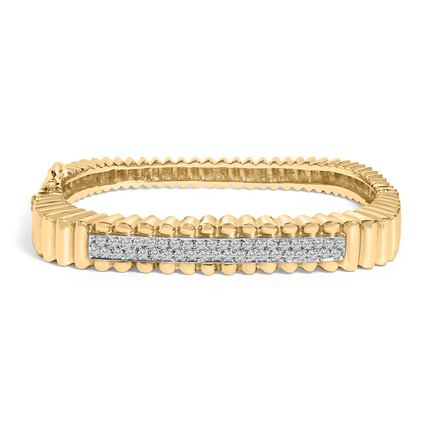 14K पीला सोना 1 1/4 कैरट कुल वज़न डायमंड रिब्ड राउंडेड रेक्टेंगल बैंगल ब्रेसलेट (G-H कलर, VS2-SI1 क्लैरिटी) - 7.75" इंच
