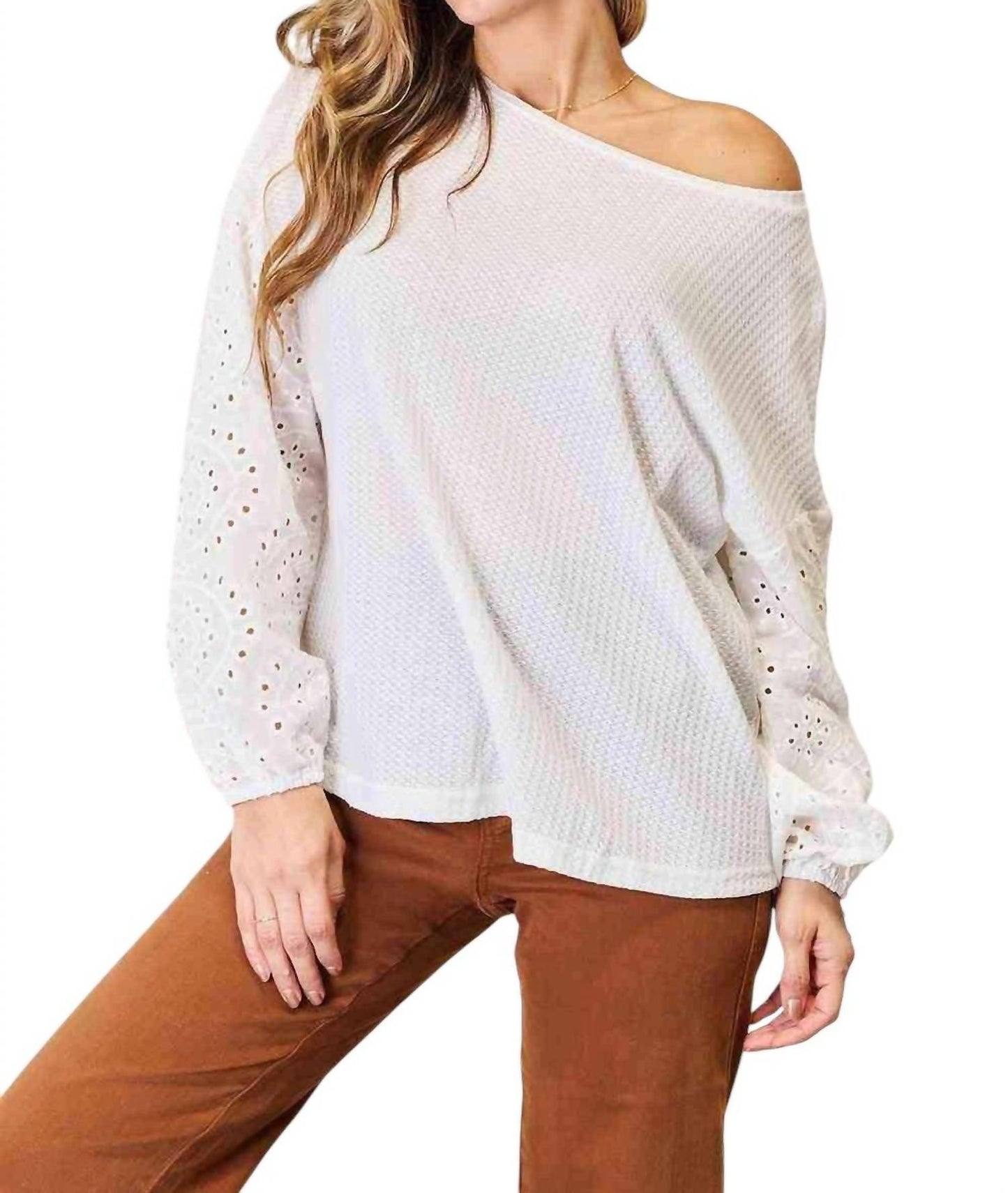 Double Take - Eyelet Elegance Drop Shoulder Blouse