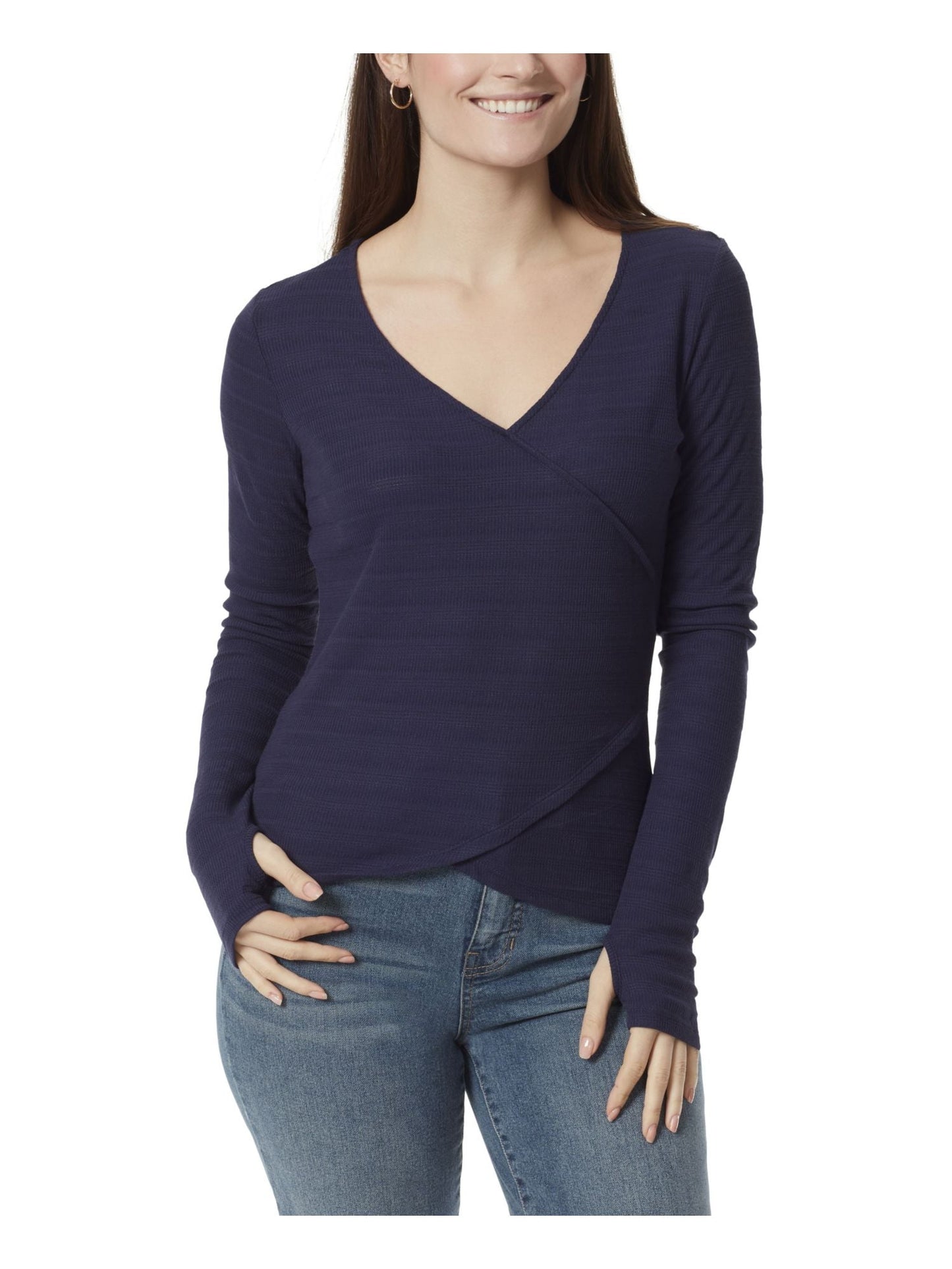 Anne Klein Women's Koney Ballet Long Sleeve Faux Wrap Top Blue Size Medium