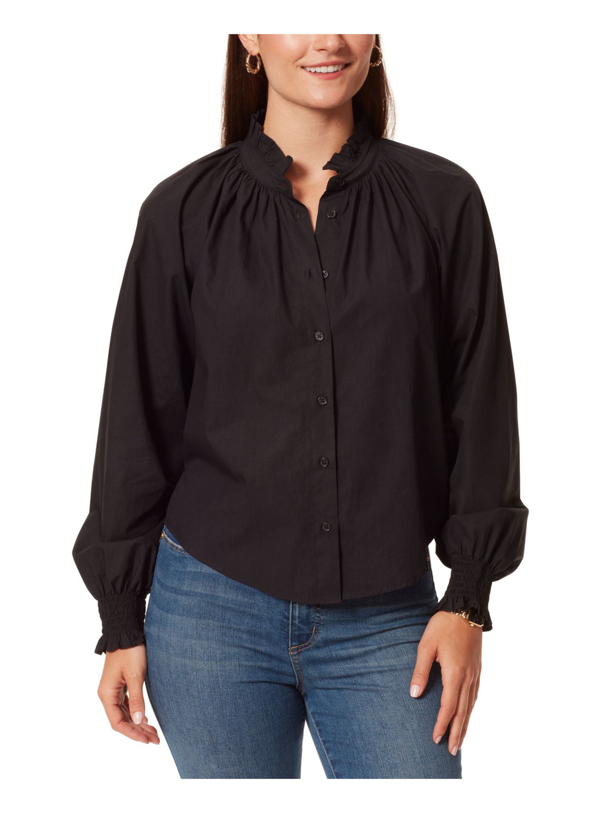 Anne Klein Women's Jo Poplin Ruffle Collar Blouse Black Size Medium