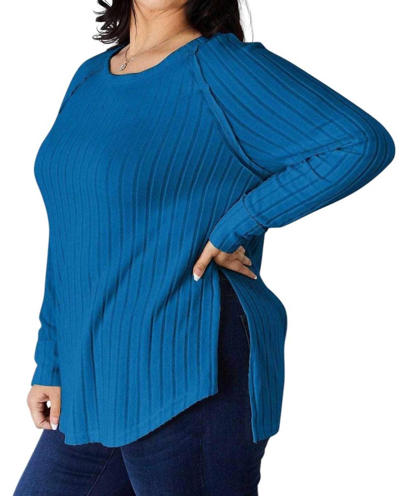 Basic Bae - Chic Ribbed Round Neck Slit Tee