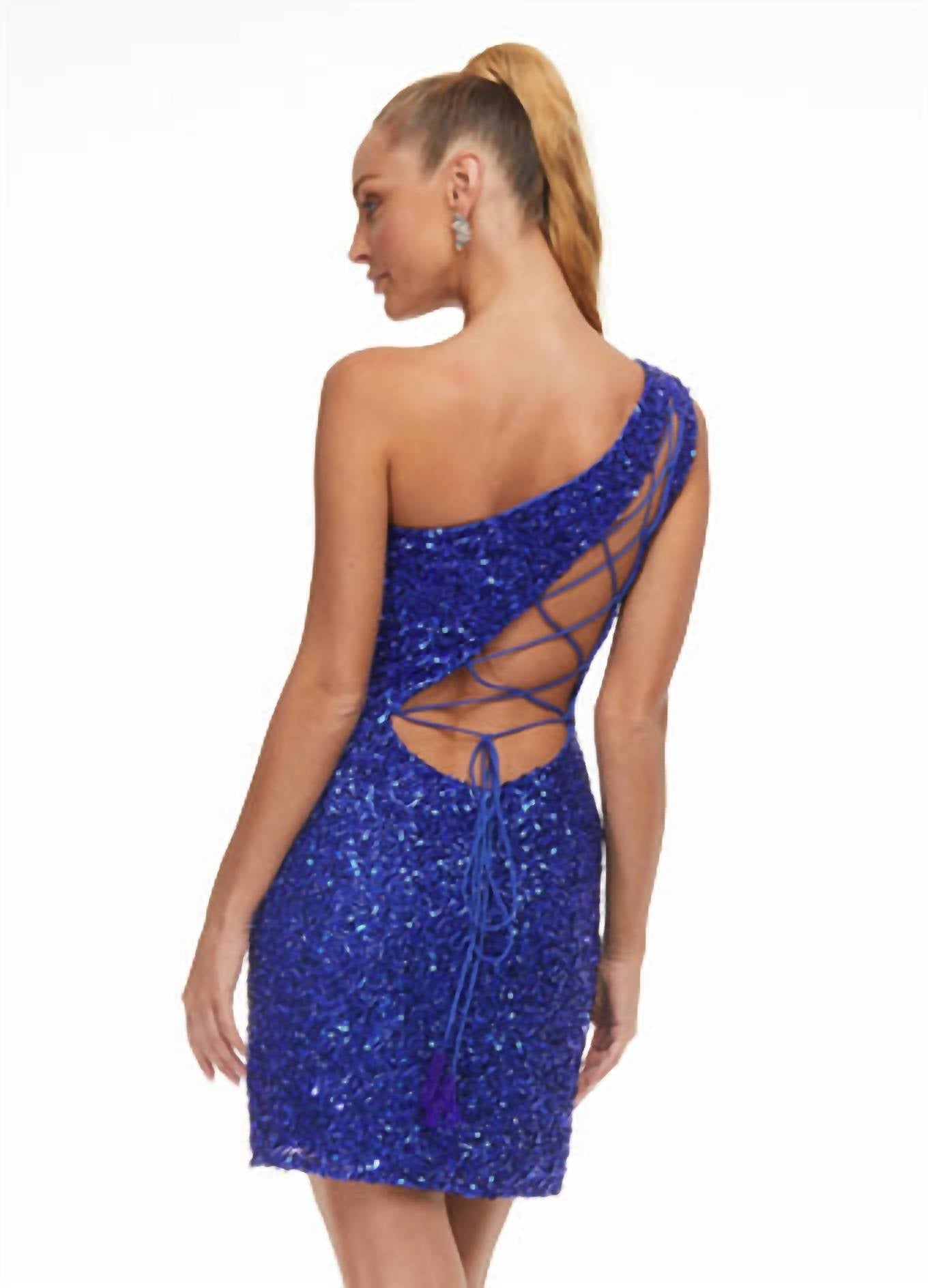 Ashleylauren - Beaded Asymetrical Lace-up Back Cocktail Dress