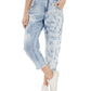 Frayed Women's Pocketed Zippered Button Closure Elastic Waist Raw Color Block Cropped Jeans Blue Size 26
