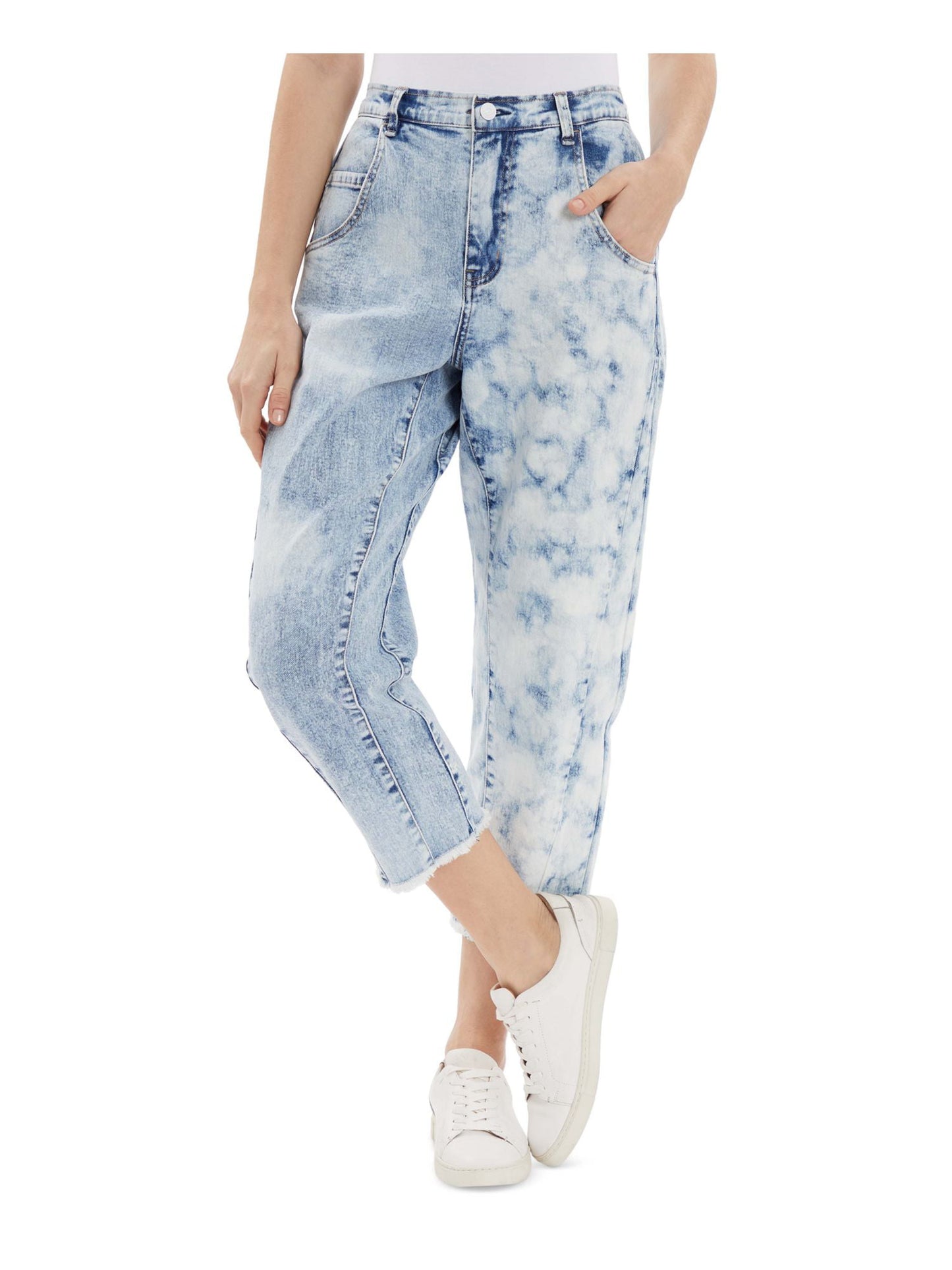 Frayed Women's Pocketed Zippered Button Closure Elastic Waist Raw Color Block Cropped Jeans Blue Size 26