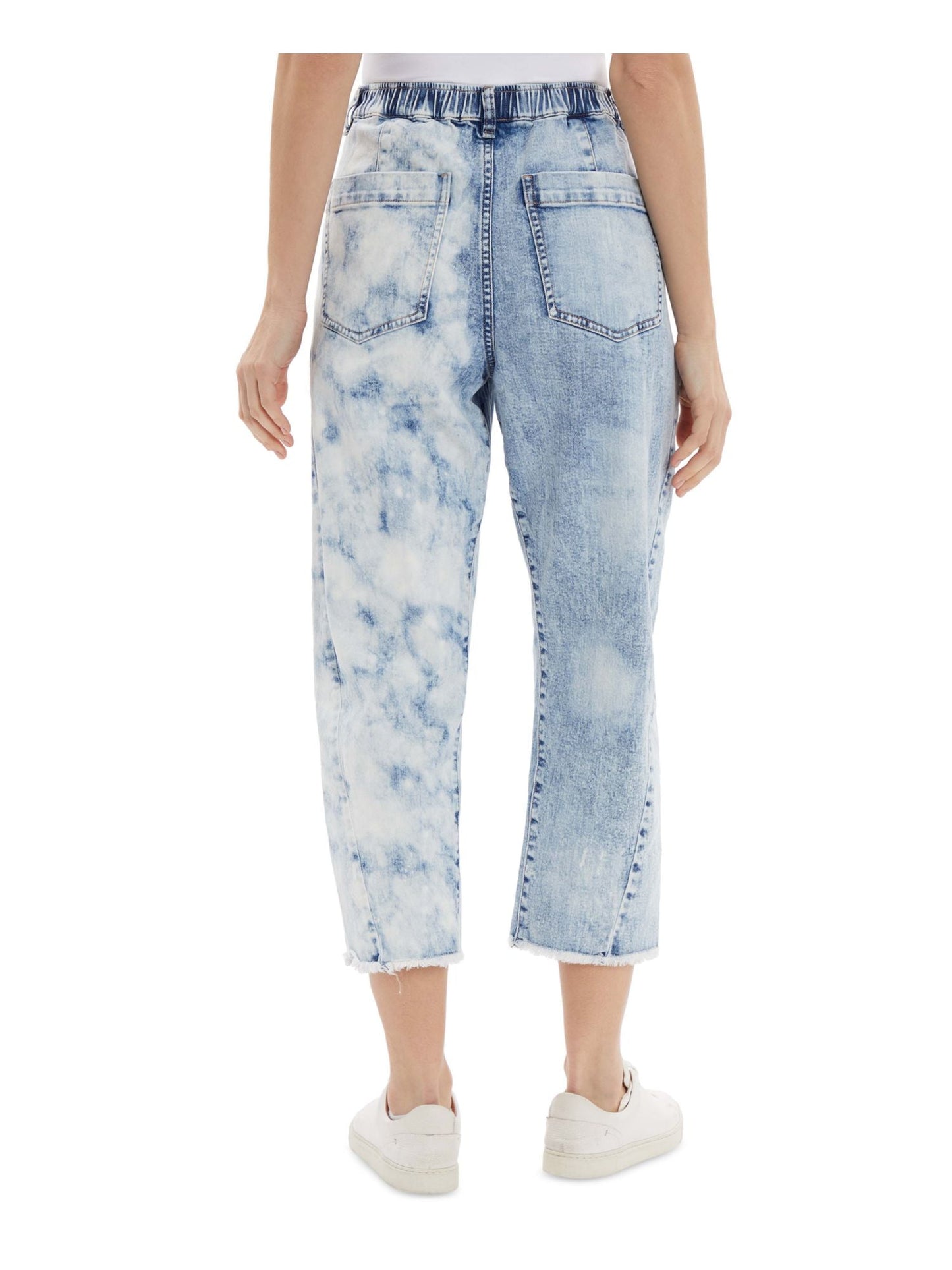 Frayed Women's Pocketed Zippered Button Closure Elastic Waist Raw Color Block Cropped Jeans Blue Size 26
