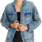 Exclusive Embellished Distressed Denim Jacket Blue