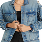 Exclusive Embellished Distressed Denim Jacket Blue