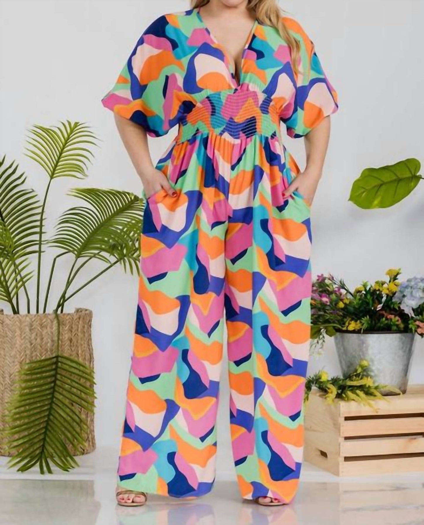 Karen T Design - Smocked V-neck Jumpsuit