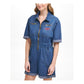 TOMMY JEANS Womens Blue Denim Zippered Pocketed Elastic-waist Logo Graphic Elbow Sleeve Collared Romper XS