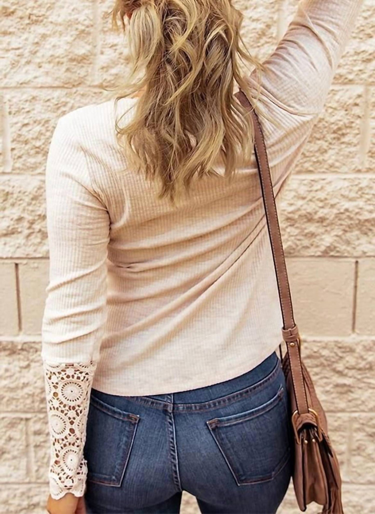 1 The Woman - Crochet Lace Hem Sleeve Button Top