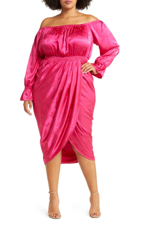 11 Honoré Brittney Floral Long Sleeve Satin Midi Dress in Pink Peacock, Size 12W