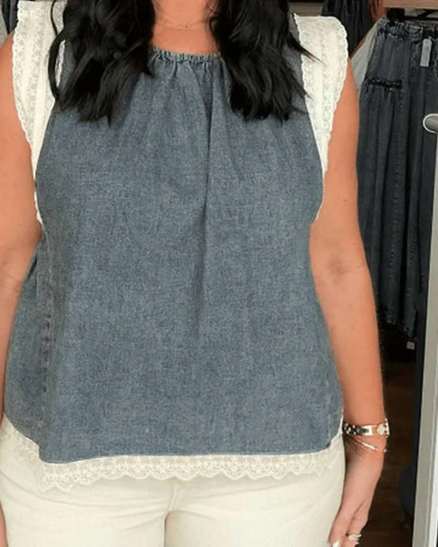 Adora - Denim Sleeveless Top With Lace Sleeve & Hem