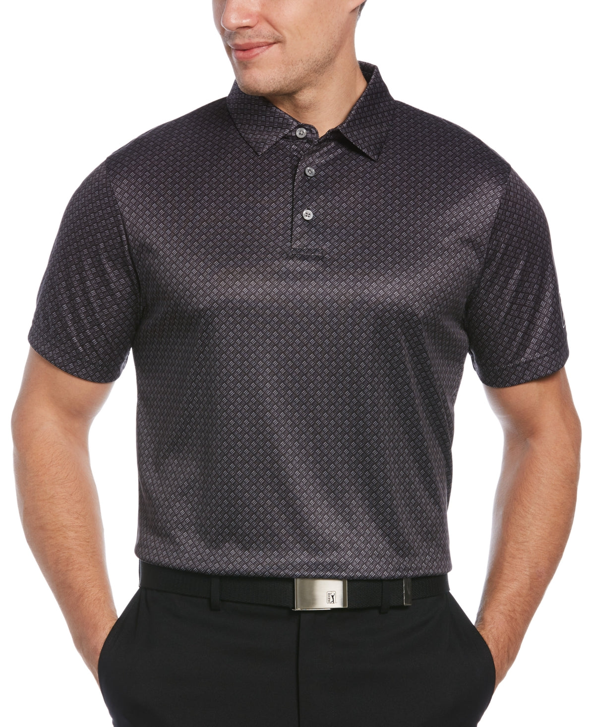 PGA Tour Men's Athletic Fit Watercolor Geo Print Performance Golf Polo Shirt Black Size Medium