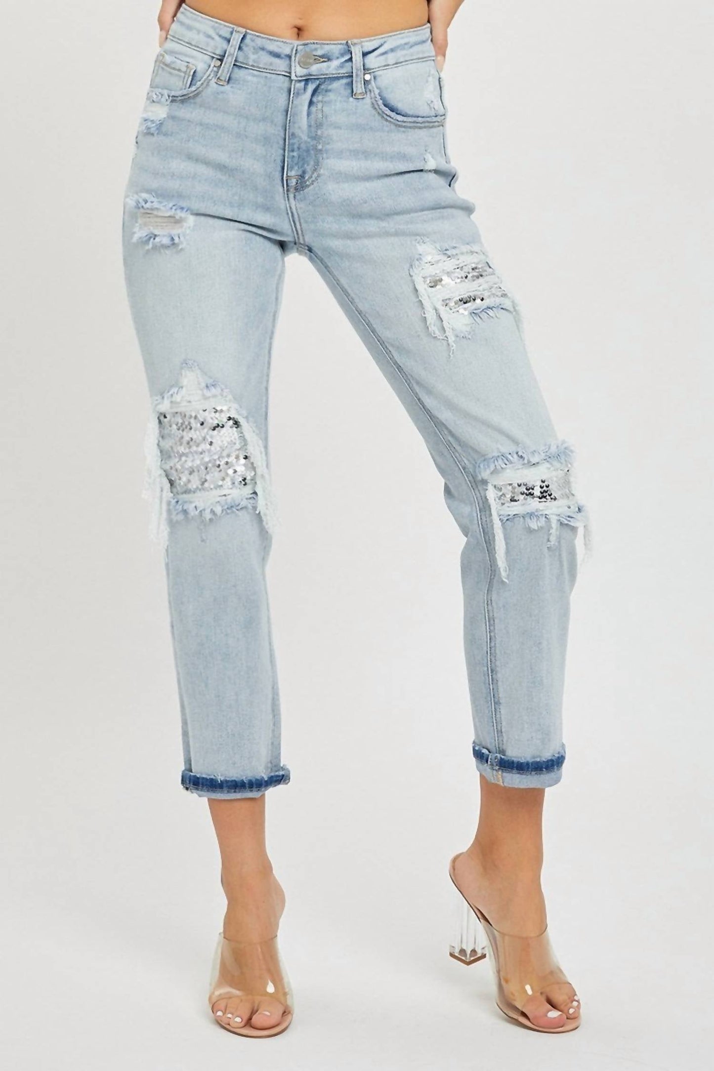 Risen - Midrise Sequin Patch Tapered Jeans