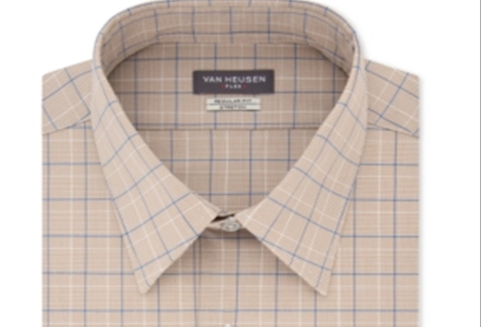 Van Heusen Men's Flex Classic Regular Fit Stretch Wrinkle Free Check Dress Shirt Brown Size 18X34X35