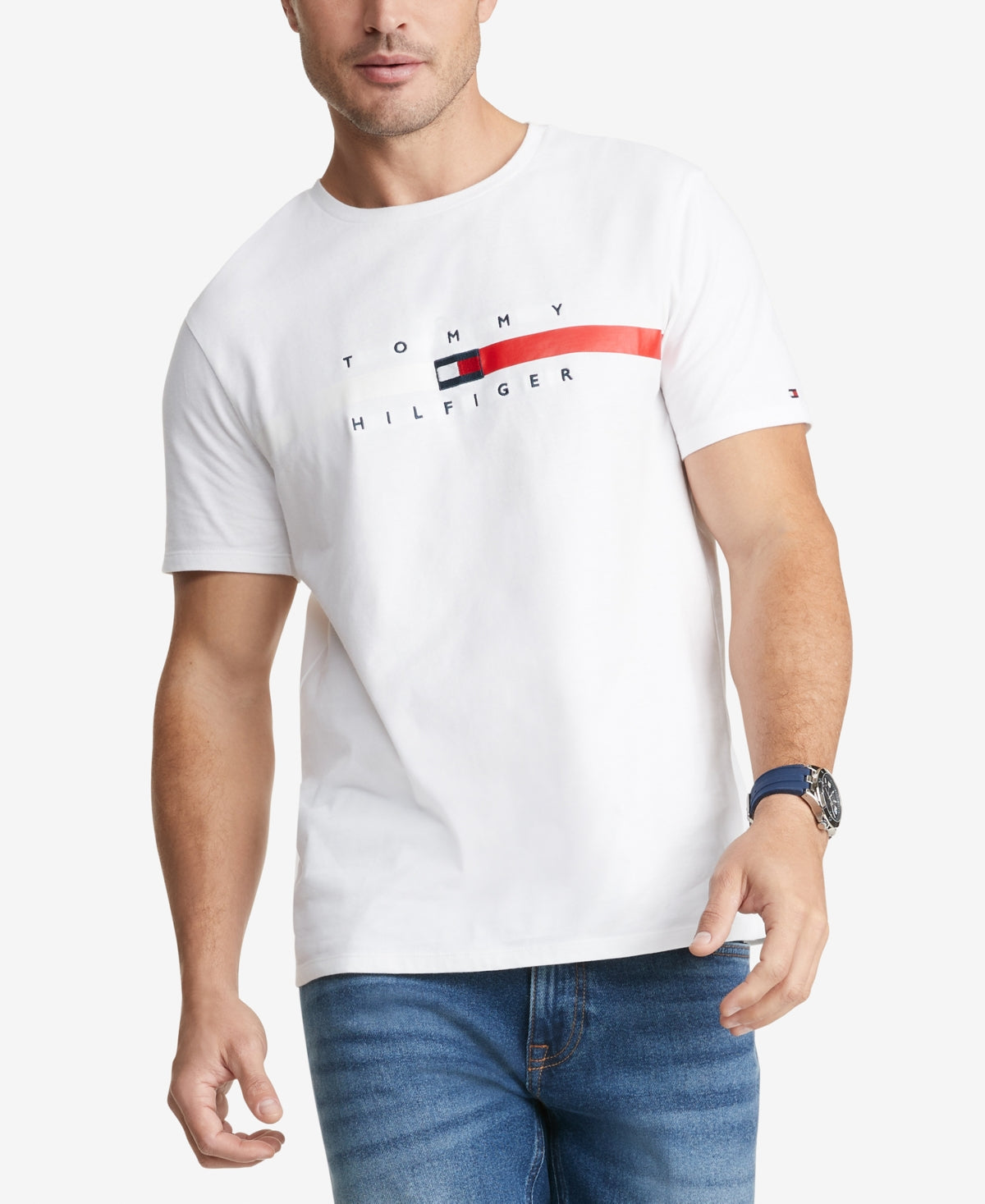 Tommy Hilfiger Men's Flag Stripe Short Sleeve T Shirt White Size Small