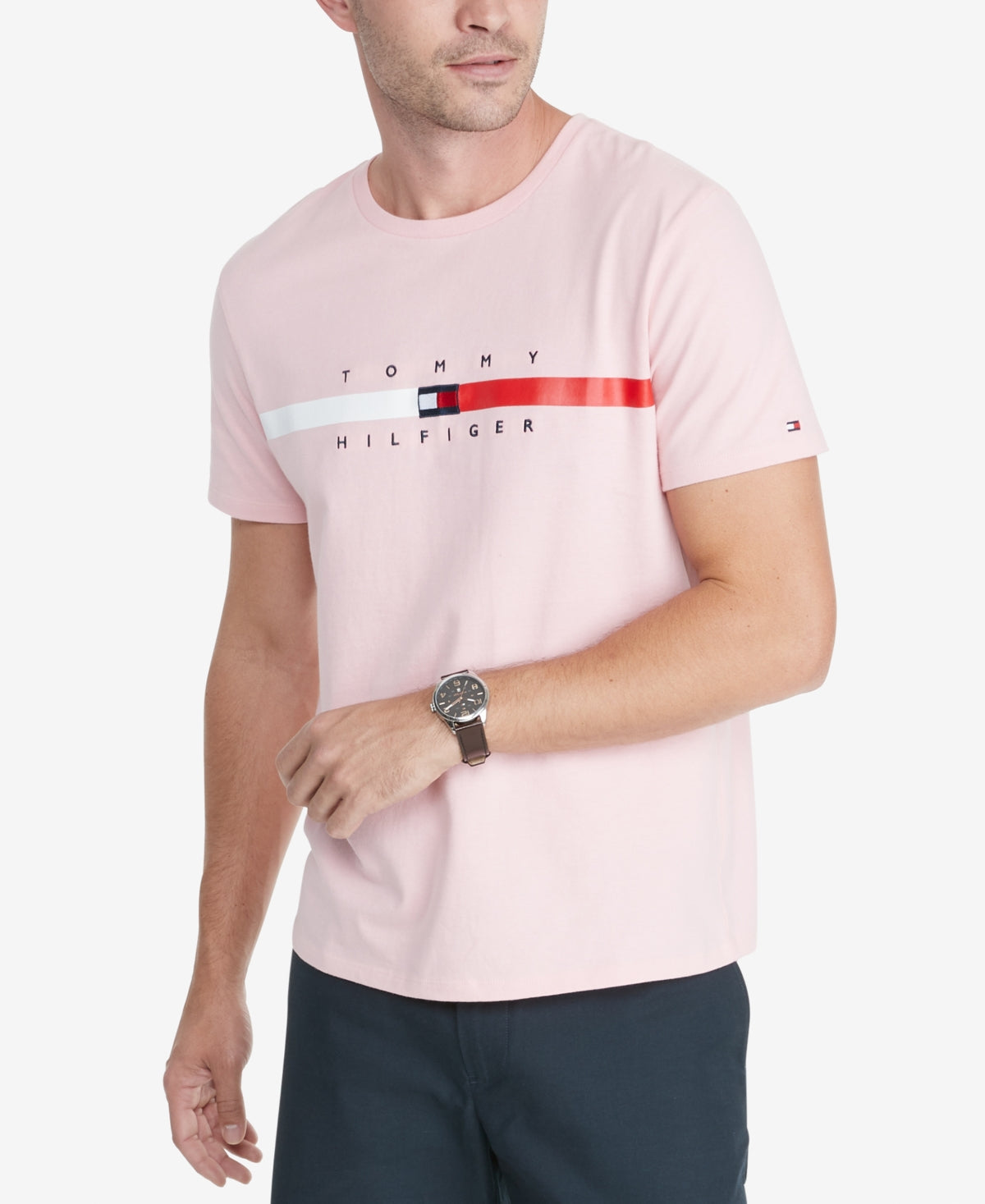 Tommy Hilfiger Men's Flag Stripe Short Sleeve TShirt Pink Size Large