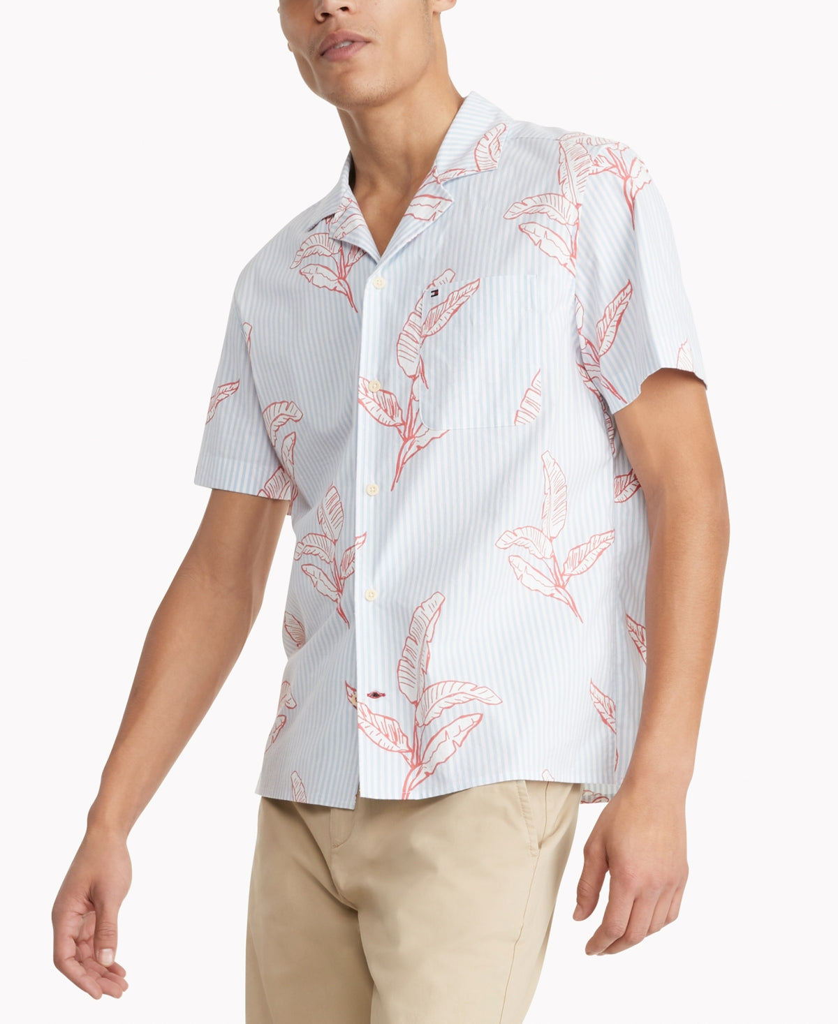 Tommy Hilfiger Men's Palm Print CustomFit Short Sleeve Shirt Pink Size X-Large