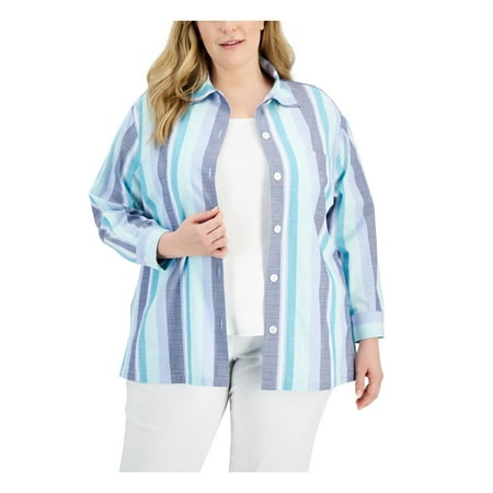 ANNE KLEIN Womens Blue Pocketed Slitted Shacket Striped Cuffed Sleeve Point Collar Button Up Top Plus 2X