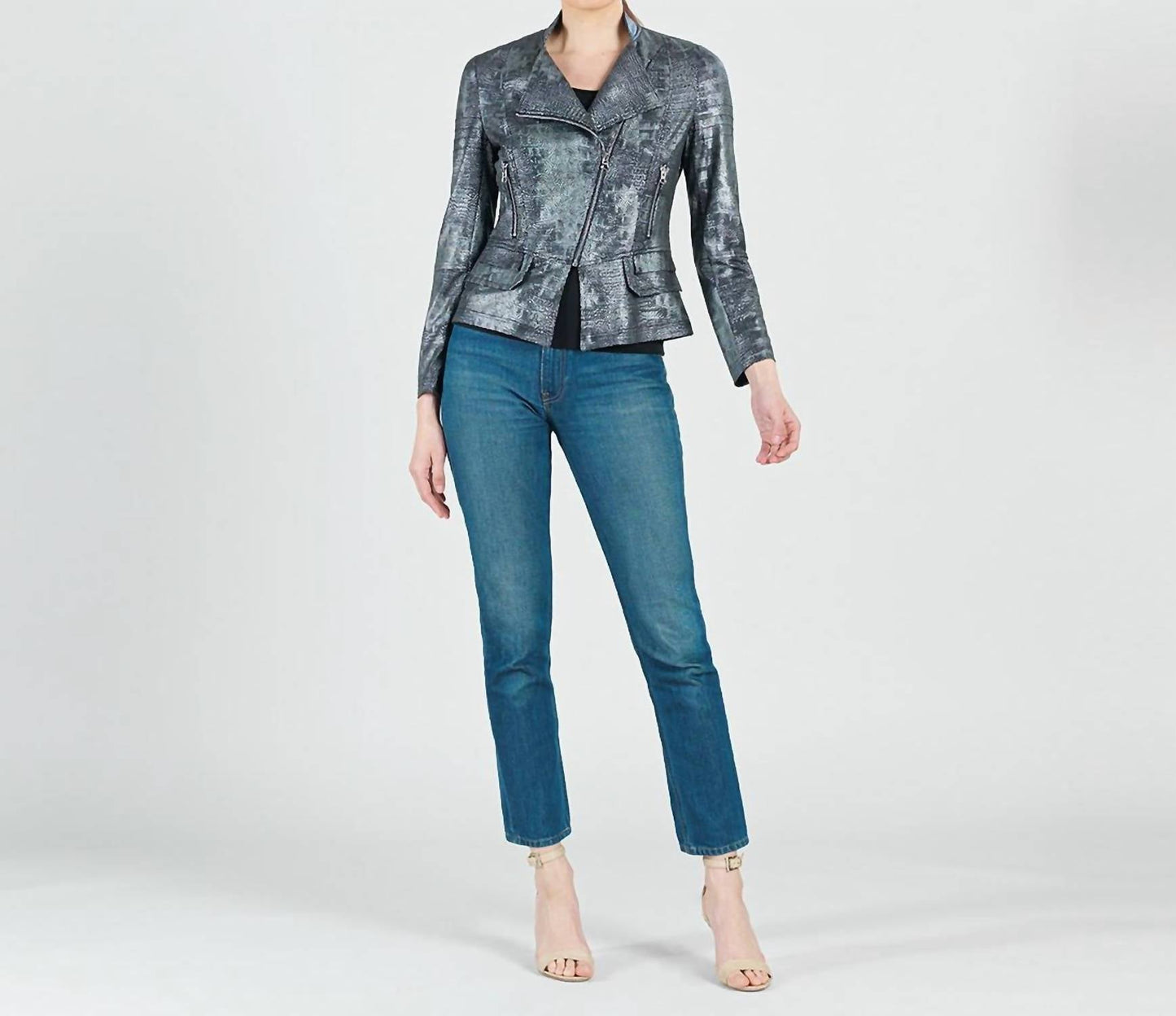 Clara Sunwoo - Metallic Liquid Leather Textured Biker Jacket