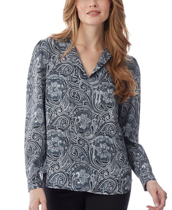 Jones New York Women's Simplified Utility Blouse Top Grey Size Large