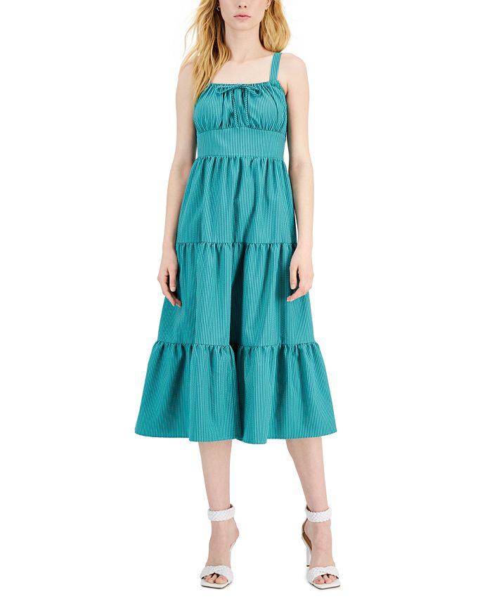 INC International Concept Women's Smocked Adjustable Pullover Tiered Striped Sleeveless Square Neck Midi Fit Flare Dress Green Size 14