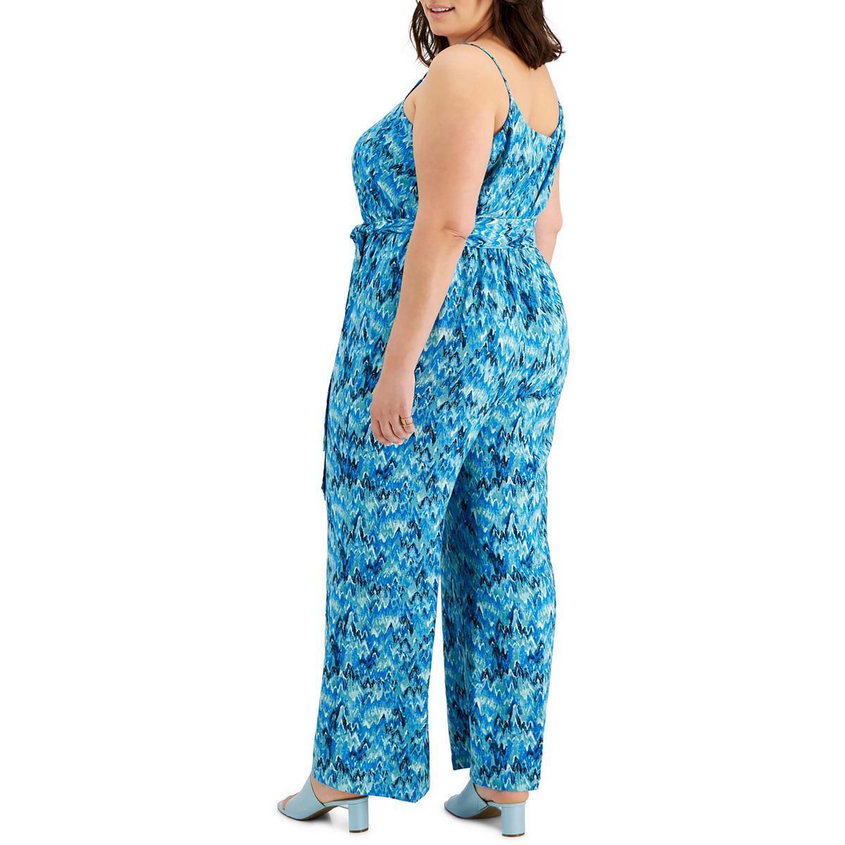 Bar III Women's Plus V Neck Printed Jumpsuit Blue Size 2X