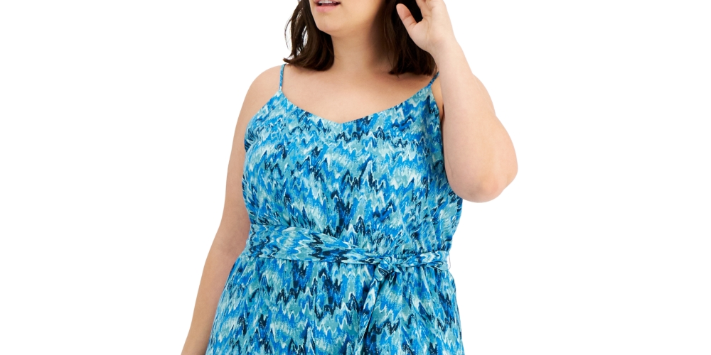 Bar III Women's Plus V Neck Printed Jumpsuit Blue Size 2X