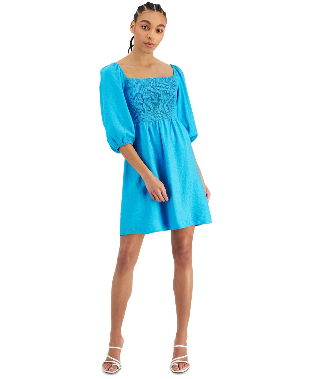 Bar III Women's Puff Sleeve Smocked Dress Blue Size Small
