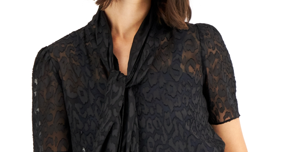 Anne Klein Women's Cheetah Jacquard Tie Neck Blouse Black Size 14