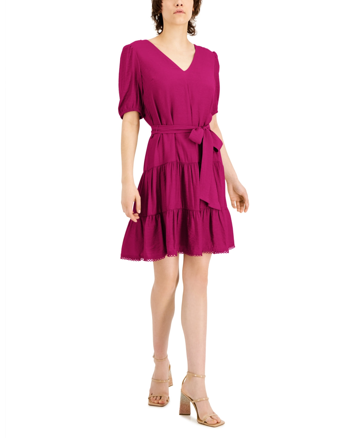 INC International Concepts Women's Tiered V Neck Mini Dress Red Size X-Large
