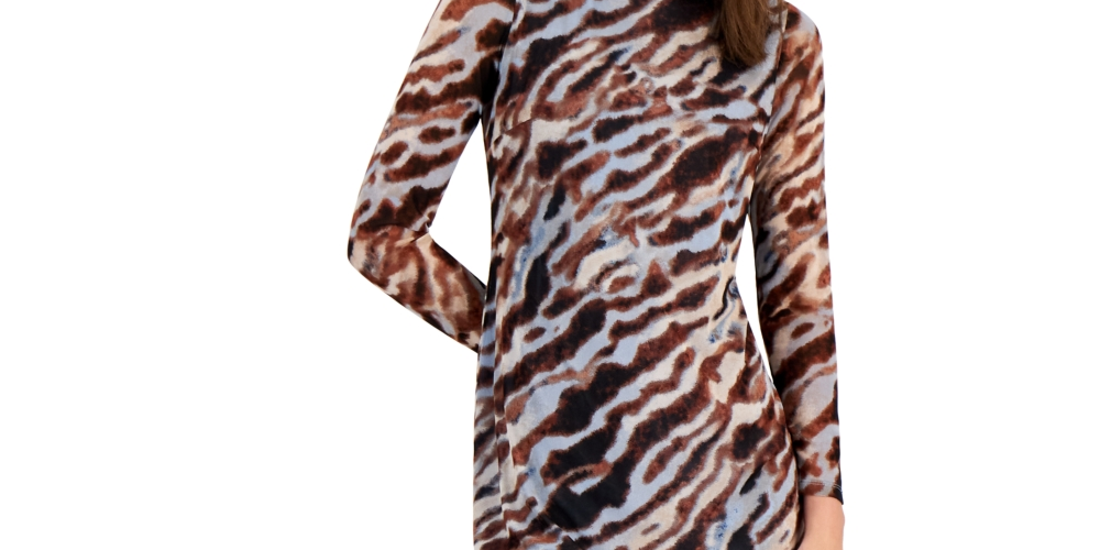 Bar III Women's Animal Print Mesh Sheath Dress Brown Size Large