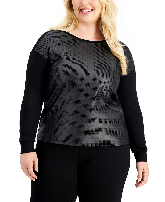 Anne Klein Women's Serenity Mixed Media Top Black Size 1X
