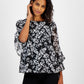 Kasper Womens Printed Crewneck Bell Sleeve Blouse Black Vanilla Ice
