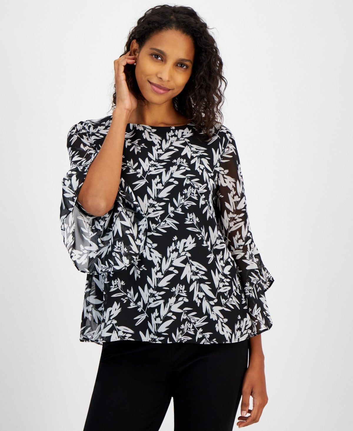 Kasper Womens Printed Crewneck Bell Sleeve Blouse Black Vanilla Ice