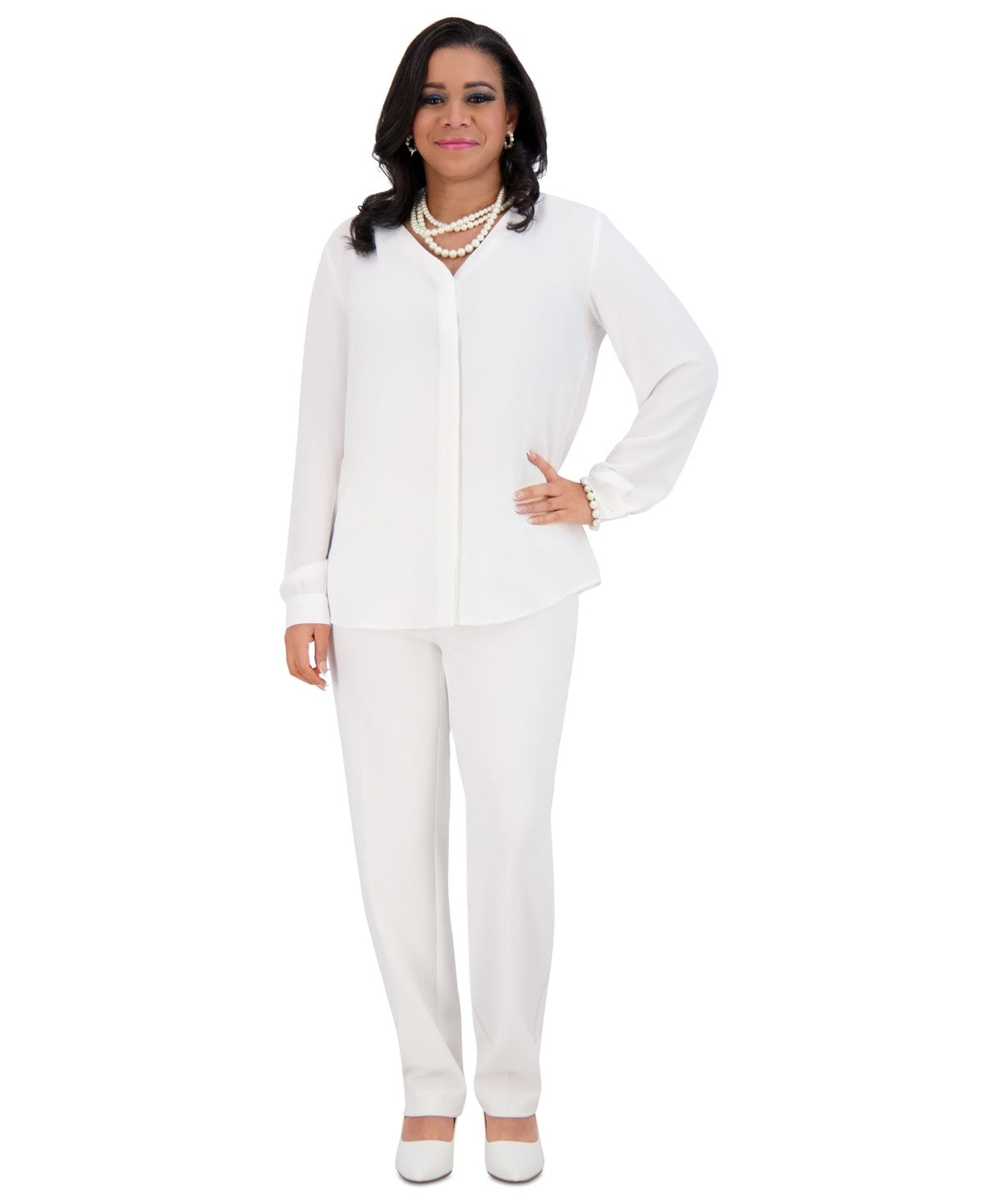 Kasper Womens V Neck Button Front Long Sleeve Blouse White Regular Plus