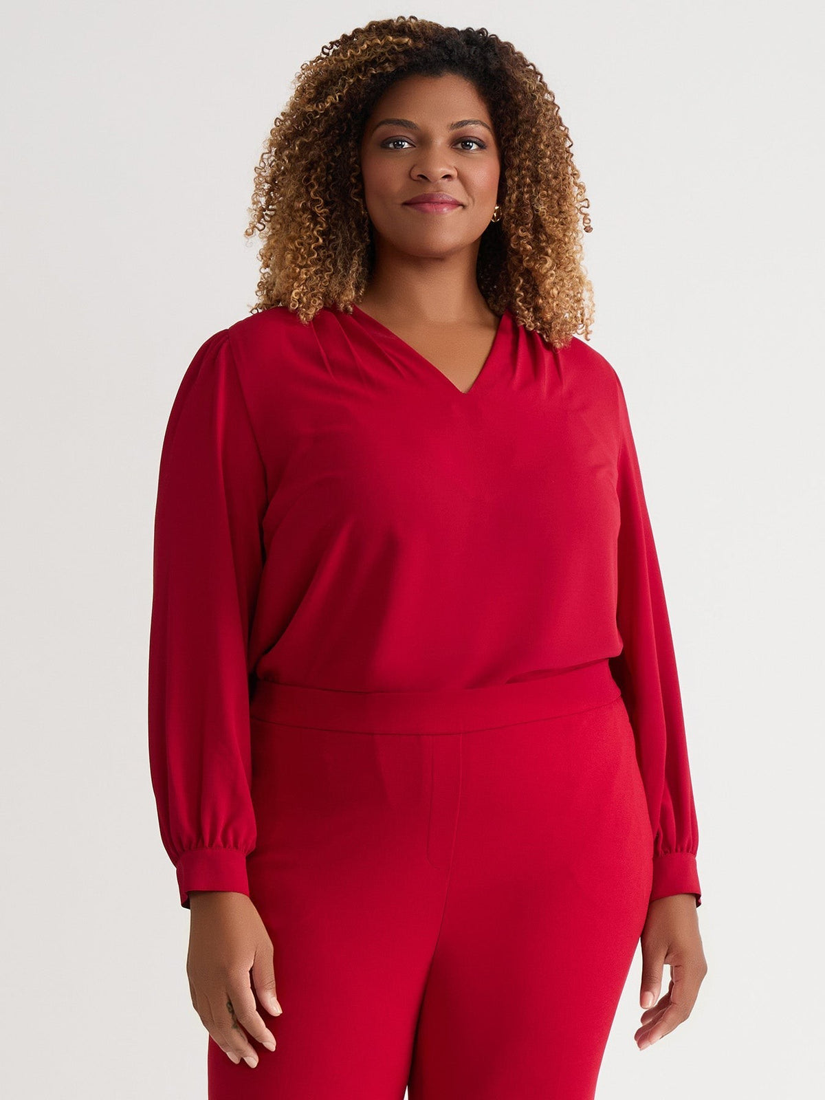 Plus Size Ruffle Sleeve V Neck Blouse Crimson
