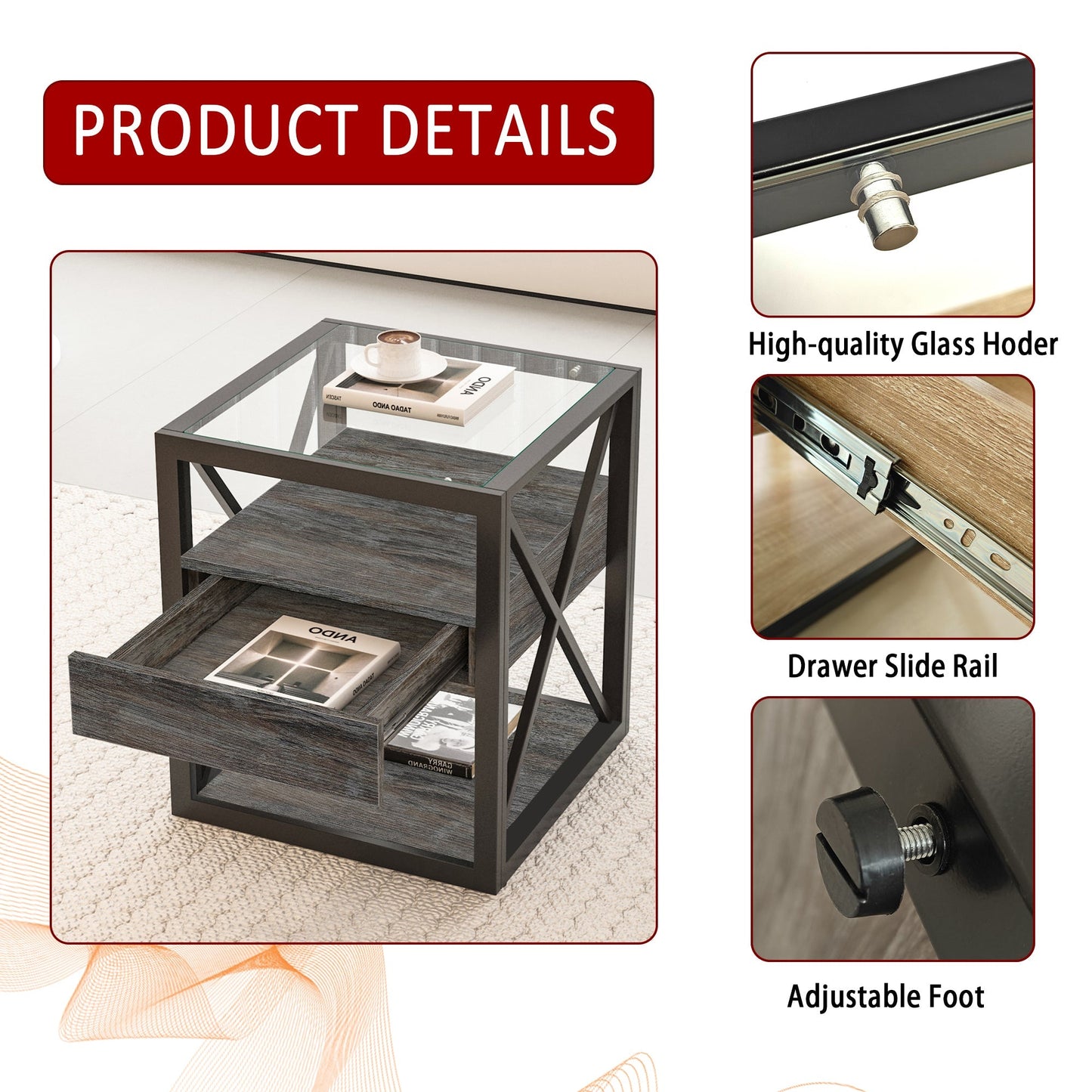 Set of 2 Modern End Tables with Drawer - Nightstand