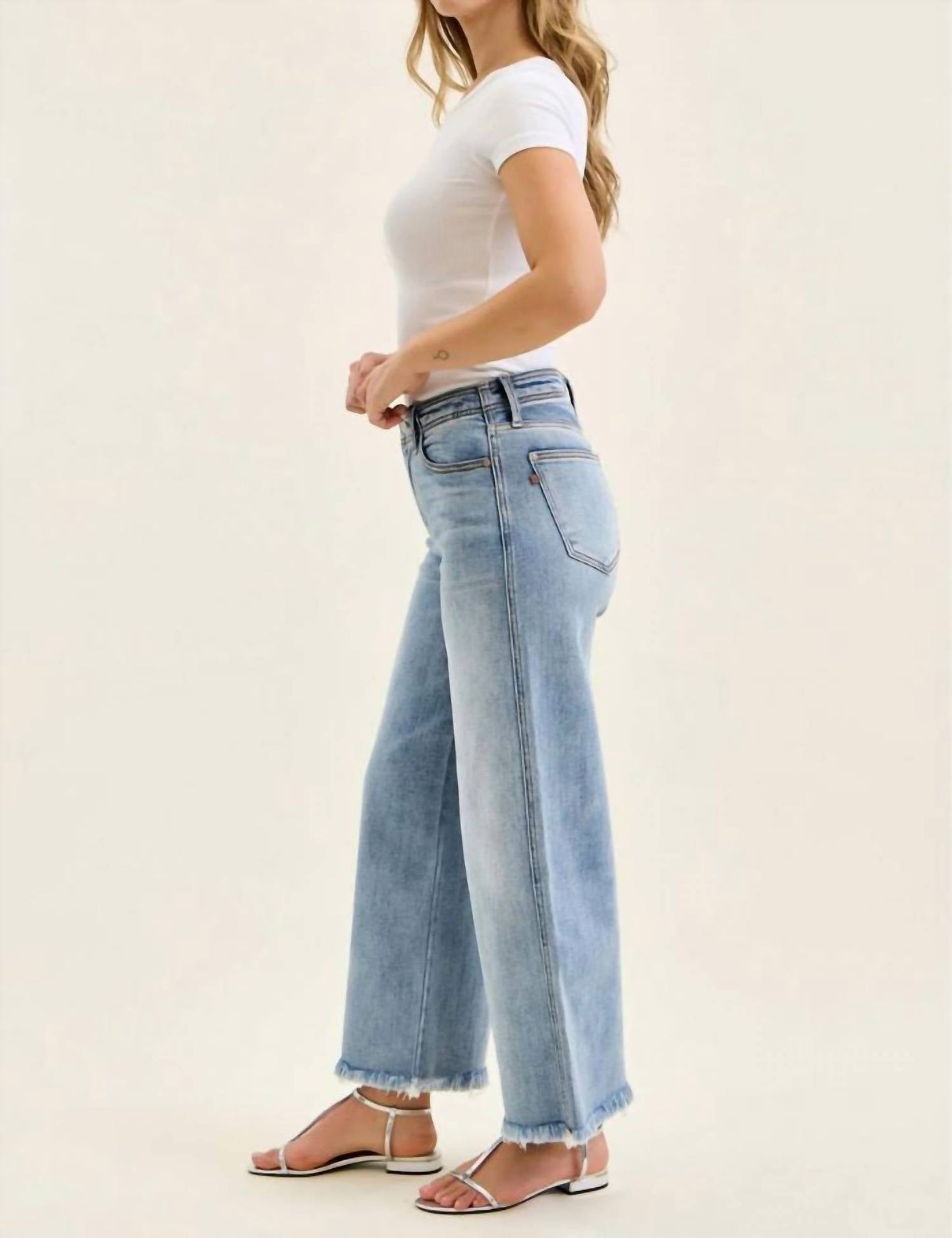 Judy Blue - Ankle Hollywood Waistband Fray Hem Wide Leg Jeans