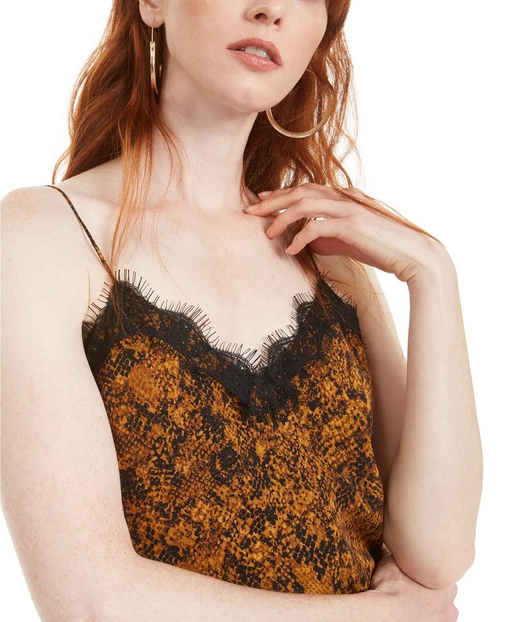 Bar III Women's Medium Yellow Snake-Print Lace-Trim Top Size Large
