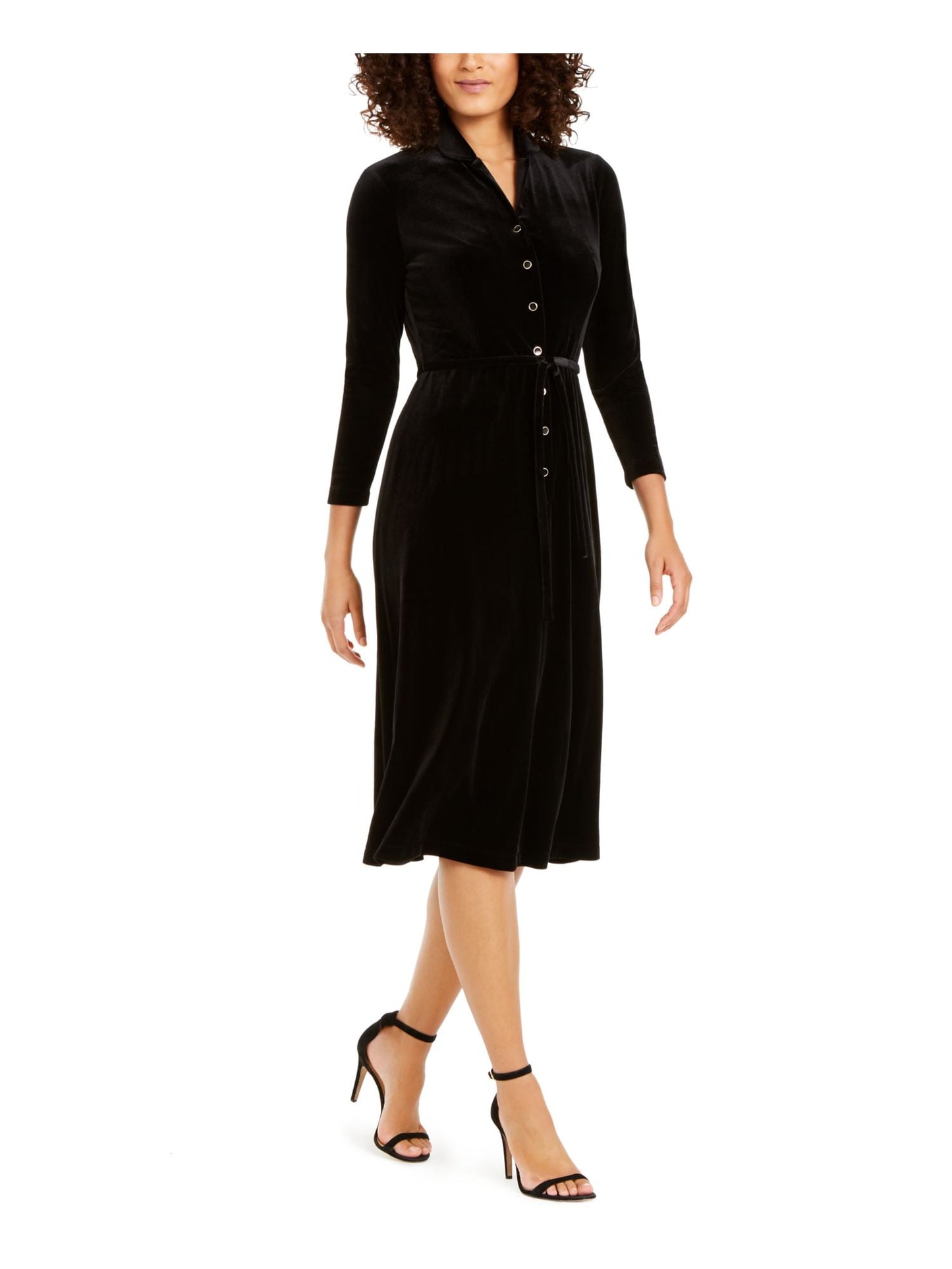 anne-klein-womens-black-3-4-sleeve-collared-midi-shirt-dress-size-0