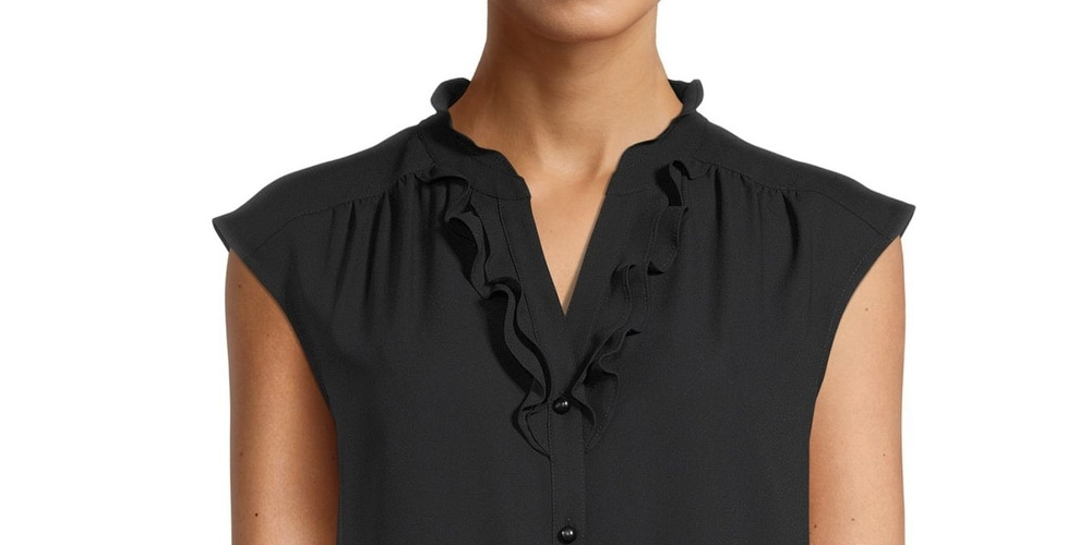 Anne Klein Women's Ruffled Sleeveless Split Blouse Top Black Size X-Large