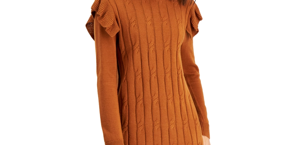 Bar III Women's Ruffled Cable Knit Front Long Sleeve Crew Neck Above The Knee Sweater Dress Brown Size X-Large