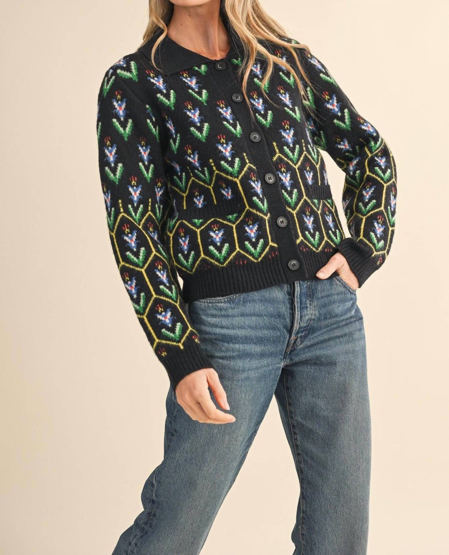 &Merci - Floral Knit Collared Sweater Cardigan