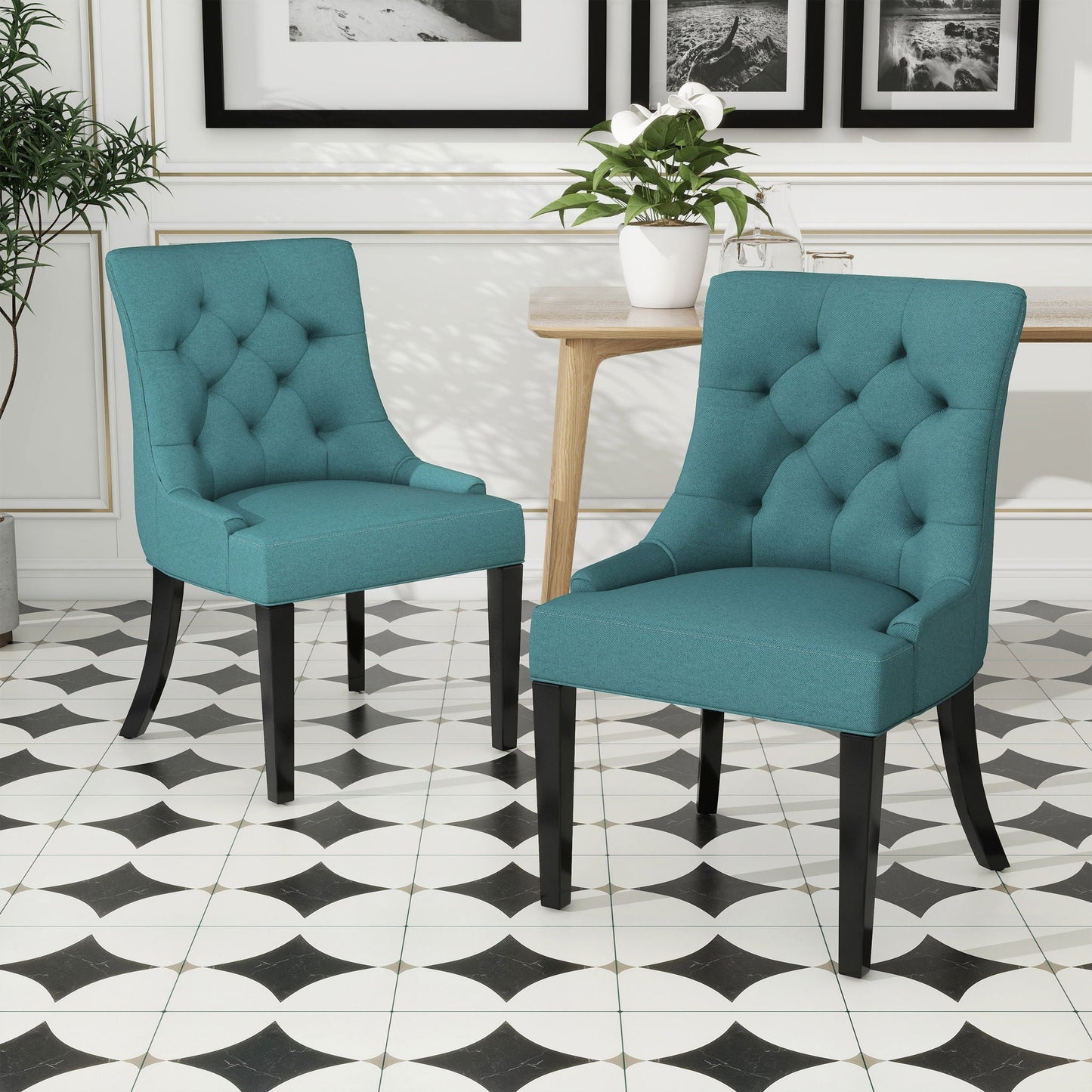 Dining Chair Set of 2 with Upholstered Diamond Tufting and Espresso Birch Legs - Teal