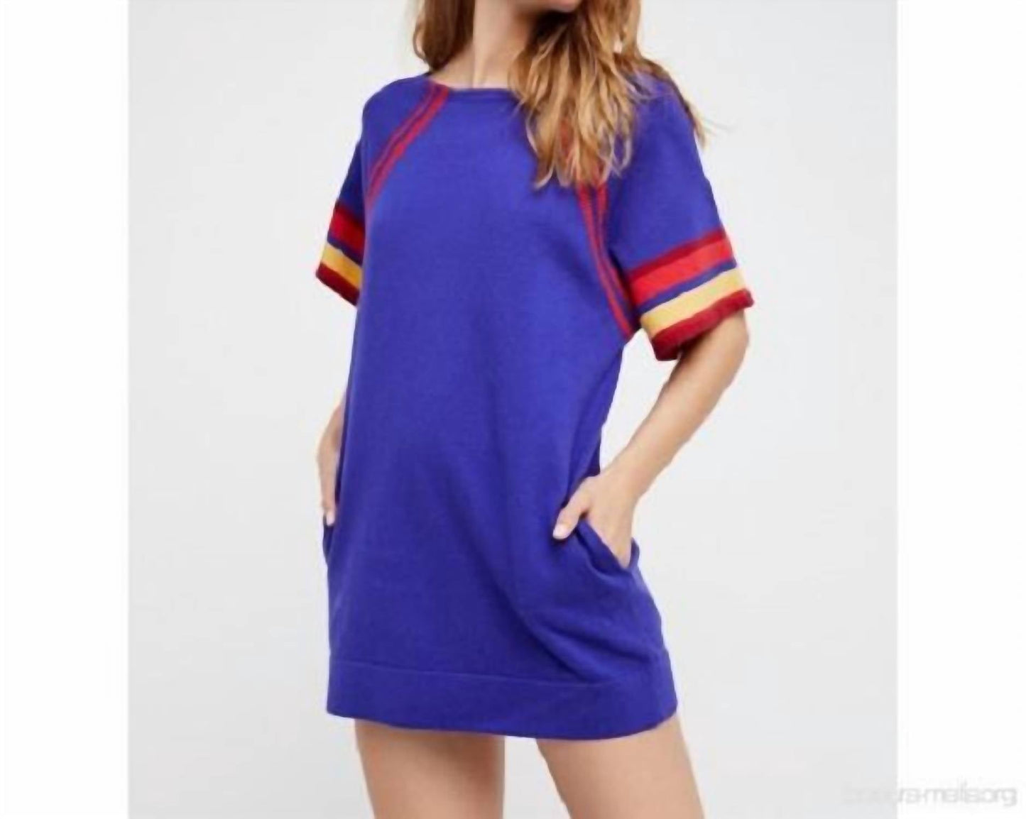 Free People - Blue Knit Minidress Short Sleeve Striped